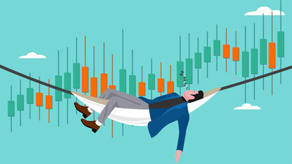 Passive income concept, earning with no effort by make profit or dividend from investment and achieve financial freedom concept, businessman sleeping in hammock with investment growth graph background - obrazy, fototapety, plakaty