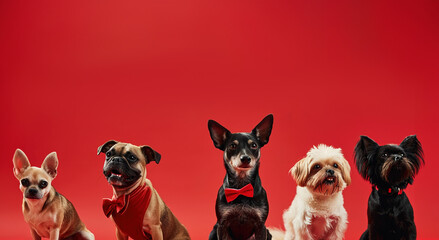Three happy dogs in bow ties and bandanas on a luxurious red carpet.