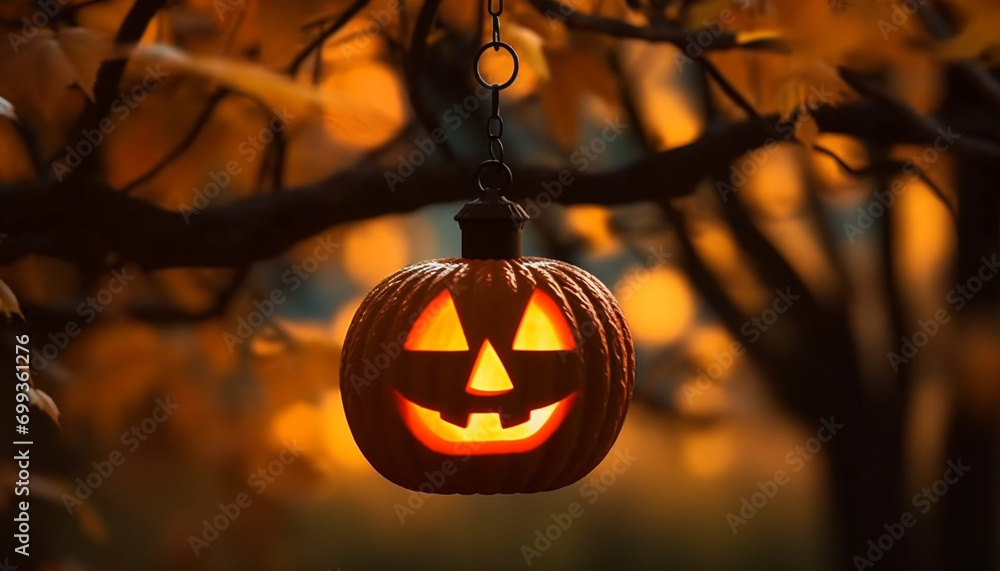 Poster Spooky pumpkin lantern glows in dark autumn night, Halloween celebration generated by AI