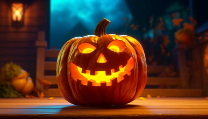 Obraz premium Glowing pumpkin lantern lights up spooky Halloween night celebration generated by AI