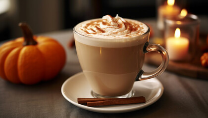 A hot coffee latte on a wooden table, autumn vibes generated by AI