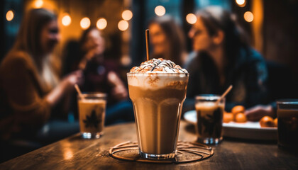 Young adults enjoying coffee and dessert at a cozy coffee shop generated by AI - obrazy, fototapety, plakaty