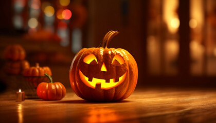 Fototapeta premium Halloween night, spooky lanterns glowing, autumn celebration with pumpkin decoration generated by AI