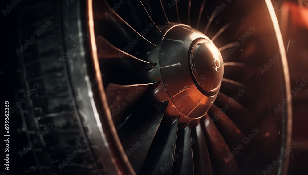 Poster Close up of a shiny propeller turning on a metallic engine generated by AI