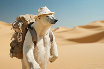 A whimsical image of an anthropomorphic polar bear with a backpack and hat trekking through a sandy desert. - obrazy, fototapety, plakaty