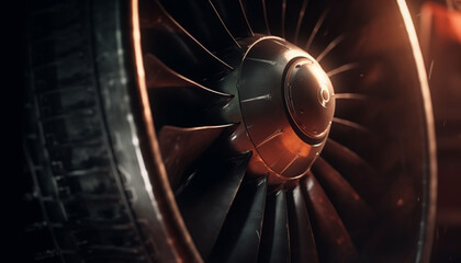 Close up of a shiny propeller turning on a metallic engine generated by AI