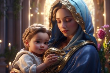 Holy Mary holding baby Jesus Christ in her arms. Graphic representation