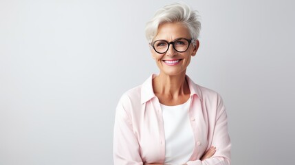 Cheerful pretty older woman in elegant glasses sitting isolated on white background 