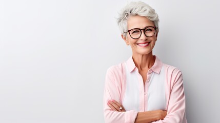 Cheerful pretty older woman in elegant glasses sitting isolated on white background  - obrazy, fototapety, plakaty