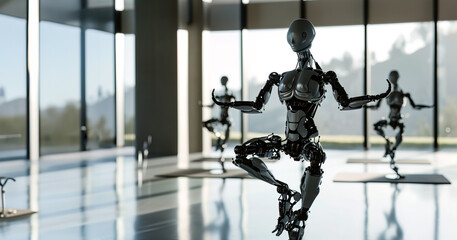 Humanoid robots practicing yoga in a modern studio, reflecting the blend of technology and wellness.