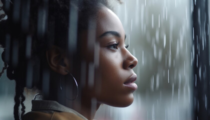 Young African woman looking out of a rain soaked window sadly generated by AI
