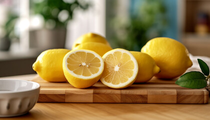 Fresh lemon slice on wooden table, a refreshing summer drink generated by AI - obrazy, fototapety, plakaty