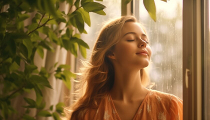 Fototapeta premium Young woman with blond hair smiling, looking out window, enjoying nature generated by AI