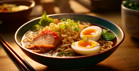 Freshly cooked ramen noodles with pork, vegetables, and flavorful broth generated by AI