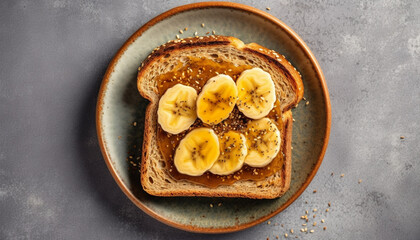 Freshly baked bread with honey and sliced banana, a healthy snack generated by AI