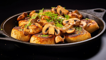 Fototapeta premium Grilled mushroom, vegetable, and herb appetizer on rustic wooden plate generated by AI