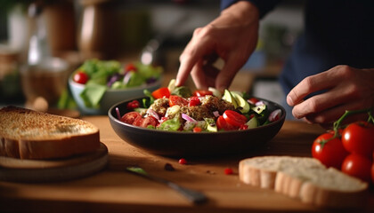 Obraz na płótnie Canvas Fresh salad preparation on wooden cutting board in domestic kitchen generated by AI