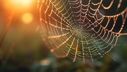 Spider web glistens with dew in the autumn forest meadow generated by AI