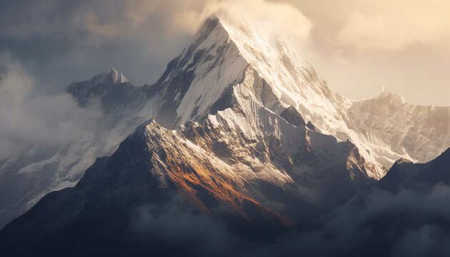 Majestic mountain peak, snow capped, panoramic landscape, hiking adventure, dramatic sky generated by AI