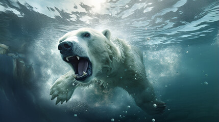 Polar bear underwater attack. Polar bear attacking underwater full paw blow details. AI Generative