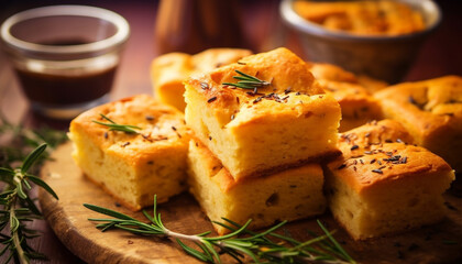 Freshness and gourmet meal on a wooden table, close up of baked bread slice generated by AI