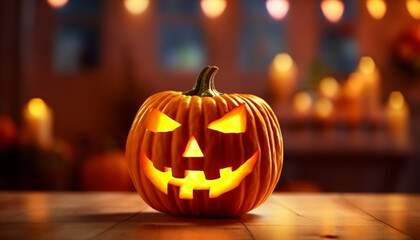 Fototapeta premium Glowing pumpkin lantern lights up spooky Halloween night celebration generated by AI