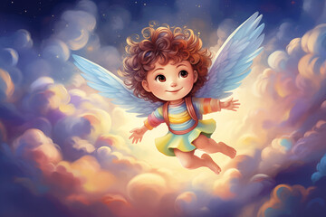 Cupid angel with white wings fly on the sky. Love and romantic concept. Cute cartoon character for Valentine's day - obrazy, fototapety, plakaty