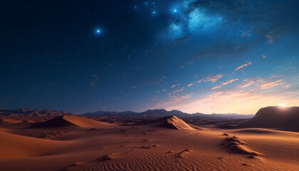 Naklejka premium Sand dune, mountain, outdoors, night, blue, Milky Way, adventure generated by AI