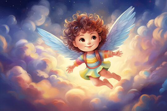 Cupid angel with white wings fly on the sky. Love and romantic concept. Cute cartoon character for Valentine's day