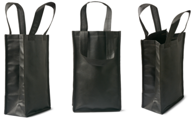 set of black canvas fabric shopping bags, eco-friendly alternative to plastic, stylish, sturdy and reusable bags for groceries and shopping, mock-up template isolated on white background