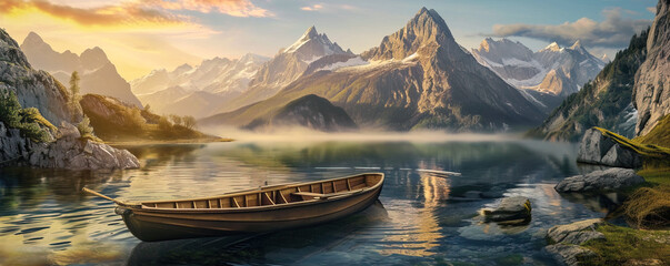 boat on a calm lake at dawn with misty mountains in the background. - obrazy, fototapety, plakaty