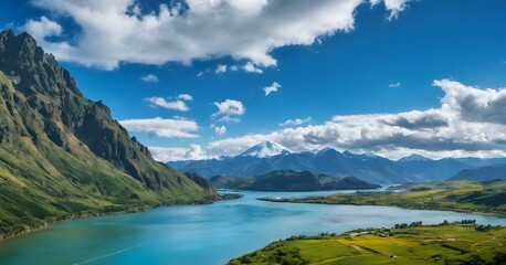 Fototapeta na wymiar Panoramic mountain view over a serene lake landscape