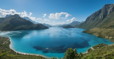 Naklejka na ściany i meble Blue sky over a lake embraced by mountains