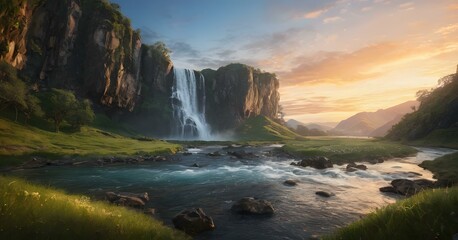 Fototapeta na wymiar Waterfall at sunset landscape