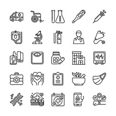 25 medical themed icons in line style, including ambulance, injection, stethoscope, doctor, hospital and more.