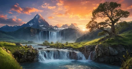  Tranquil waterfall amidst lush greenery at sunset landscape © Yanelis