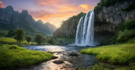 Zelfklevend Fotobehang Waterfall in the mountains landscape © LilithArt