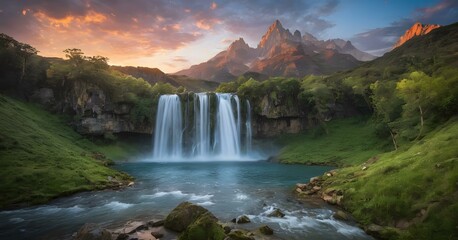 Fototapeta premium Waterfall of crystal clear waters in a natural paradise landscape
