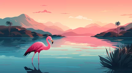 Foto op Plexiglas World Wetlands Day, Water Birds In River, Pink Vector Of Pink Flamingo Standing In Water On One Leg, World River Day, World Water Day, World Water Life Day, Sea Life, World, Animals Day, Birds Day, © Jaunali
