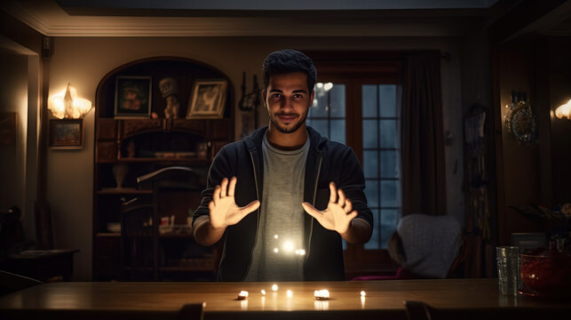 Smiling young man performs a magic trick with glowing orbs above candles in a dimly lit room, creating an enchanting atmosphere.