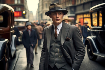 A poised man in vintage attire stands amidst 1920's London street traffic. - obrazy, fototapety, plakaty