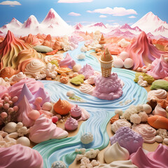 Obraz na płótnie Canvas Colorful and surreal landscape composed of ice cream mountains with candy decorations and fluffy clouds.