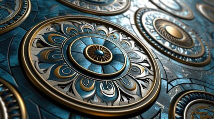 Fototapeta na wymiar blue and silver geometric pattern, circles, symmetrical, clean, simple, background wallpaper texture
