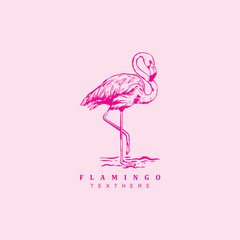 Vintage retro hand drawn pink flamingo logo design for your brand or business