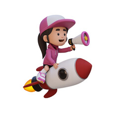 3D girl character riding a rocket and holding megaphone