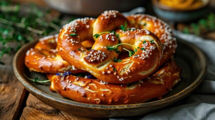 salted pretzel with mustard in a small bowl,  