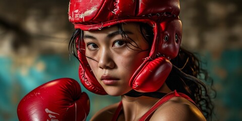 Girl kickboxer in red helmet and gloves. Sport strength