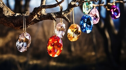 Colorful gemstones hang from a tree branch, sparkling in the sunlight with a serene bokeh background.