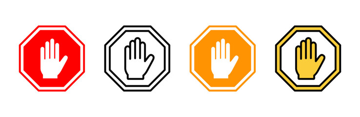 Stop icon set vector. stop road sign. hand stop sign and symbol. Do not enter stop red sign with hand
