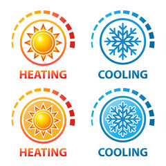 Heating and cooling temperature regulation, hot and cold indicator, sun and snow, climate control icon set. Cooler and heater. Warm, freeze sensor. Winter and summer. Thermometer measure scale. Vector